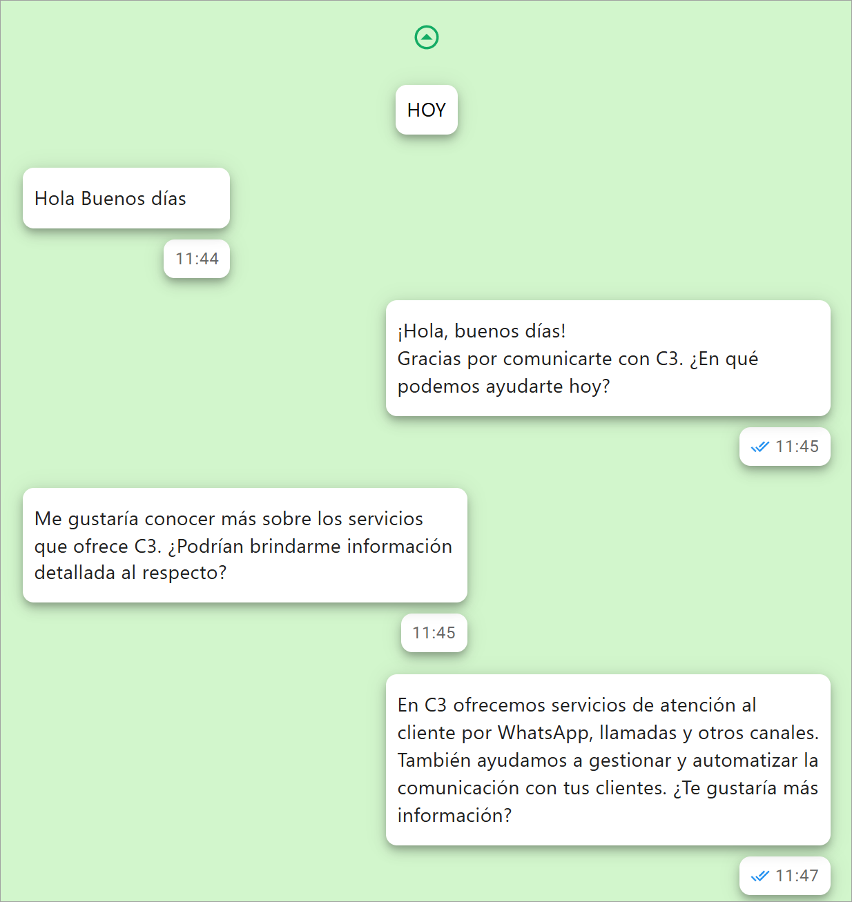 Historial de la conversación en el panel central de Messenger, mostrando mensajes del cliente y del agente 