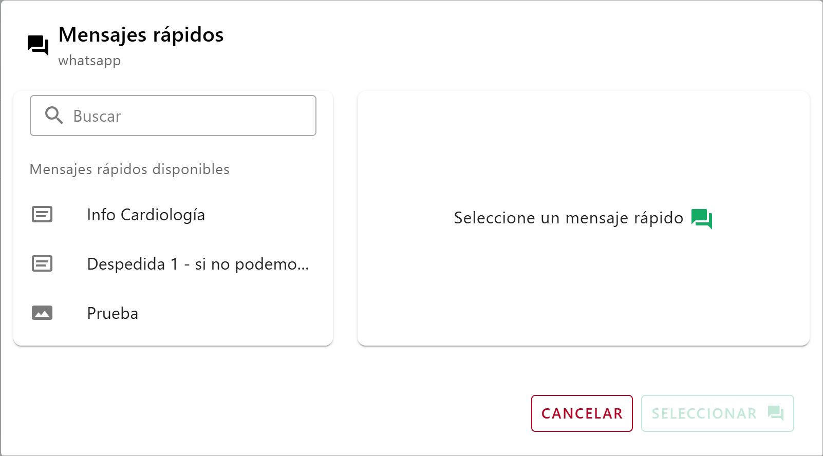 Ventana de selección de Mensajes Rápidos