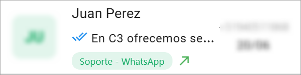 Información de la atención como: nombre, icono de visto, vista previa del mensaje y etiqueta de la campaña