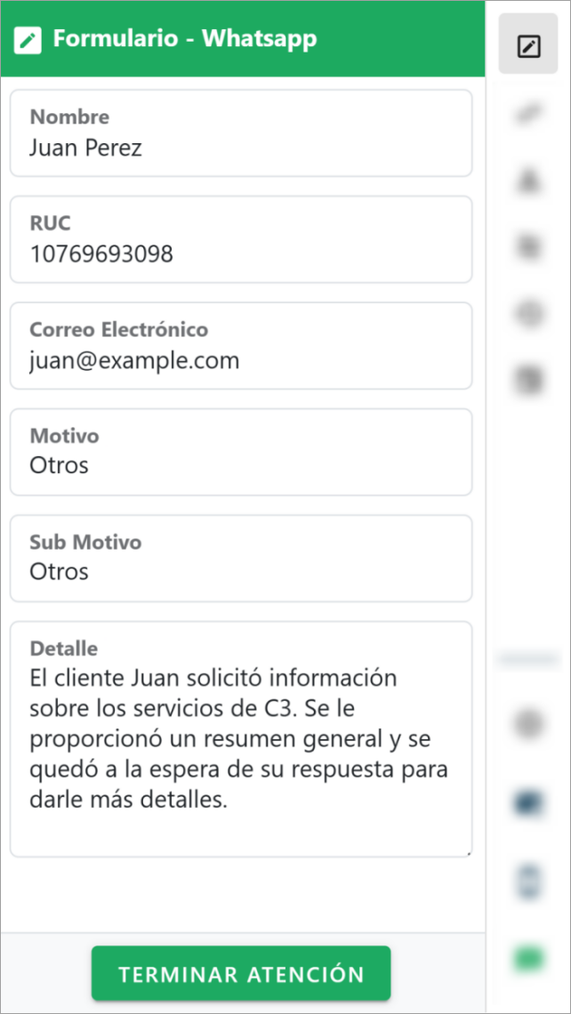 Formulario de atención entrante para el canal de WhatsApp
