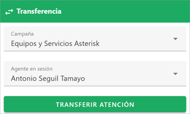 Transferencia configurada para enviar una atención al agente "Antonio Seguil" de la campaña de Equipos y Servicios Asterisk