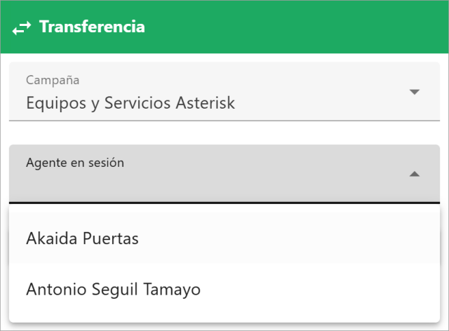 Panel de transferencia con una campaña y un agente específico seleccionados.