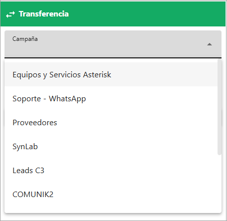 Panel de transferencia con una campaña seleccionada.