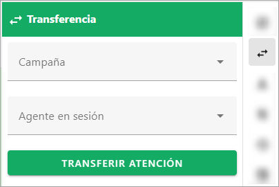 Panel de transferencia de atención de WhatsApp con los campos Campaña y Agente en sesión visibles