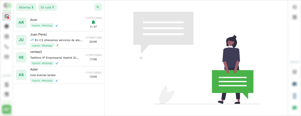 Interfaz del Canal de WhatsApp mostrando la lista de atenciones